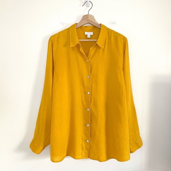 J. Jill Love Linen Roll Tab Sleeve A-Line Button Down Shirt Dandelion Large - Picture 3 of 15